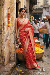 Red Georgette Khaddi Saree with Bandhani Meenakari Detailing