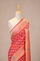 Red Georgette Khaddi Saree with Bandhani Meenakari Detailing