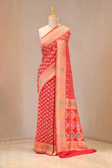 Red Georgette Khaddi Saree with Bandhani Meenakari Detailing