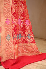 Red Georgette Khaddi Saree with Bandhani Meenakari Detailing