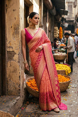Peach Georgette Khaddi Saree with Shaded Bandhani Zari