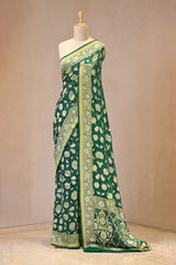 Bottle Green Georgette Khaddi Saree with Bandhani & Zari Butas