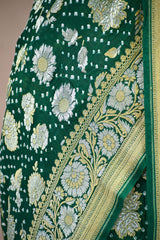Bottle Green Georgette Khaddi Saree with Bandhani & Zari Butas
