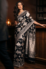 Black Georgette Khaddi Silk Saree with Silver Zari Geometric