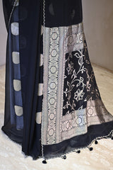 Black Georgette Khaddi Saree with Gold Zari Polka Dots
