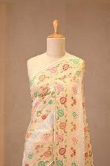 Off White Georgette Khaddi Saree with Zari & Resham Weaving