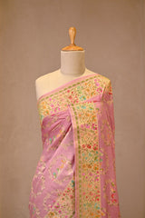 Light Pink Georgette Khaddi Silk Saree with Gold Zari Meenakari