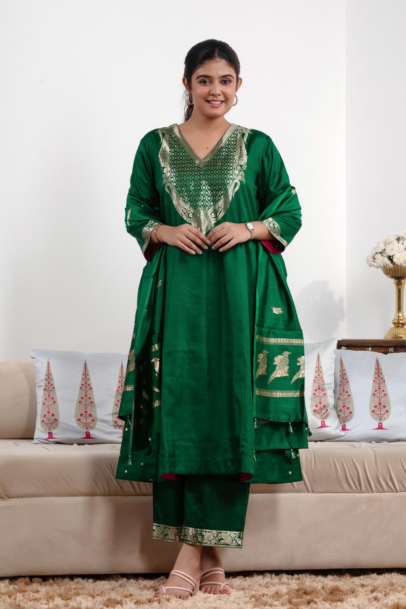Green Salwar Suit with Intricate Zari Work - Main Image