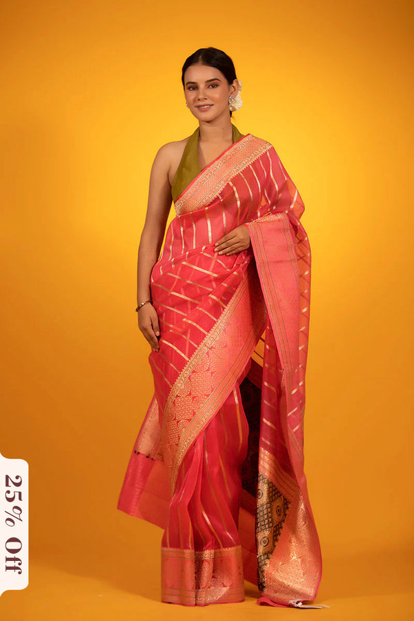 Salmon Pink Handwoven Organza Silk Saree