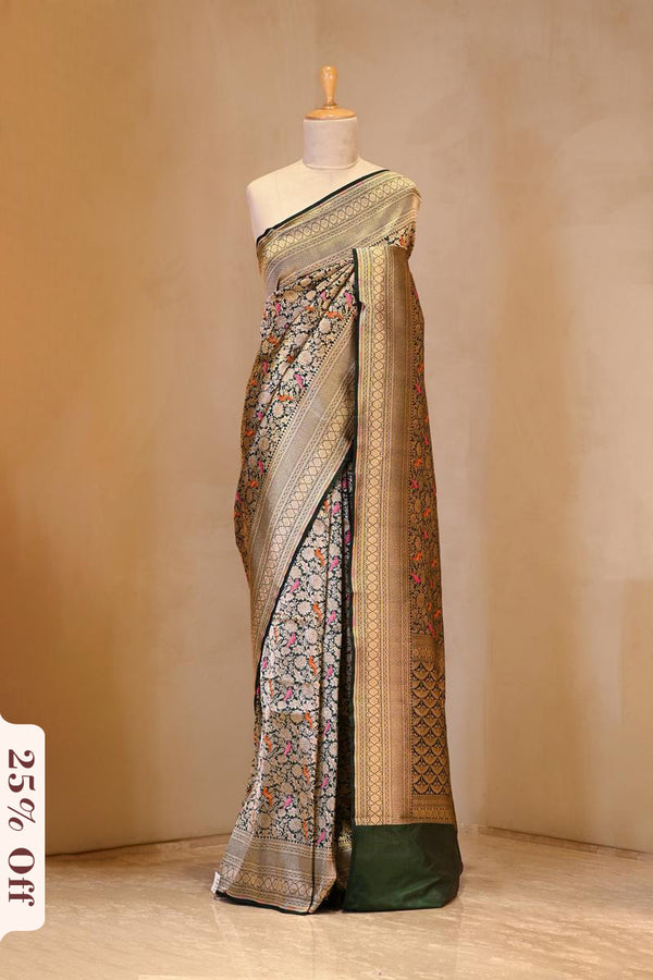 A Green Brocade Banarasi Silk Saree on Dummy