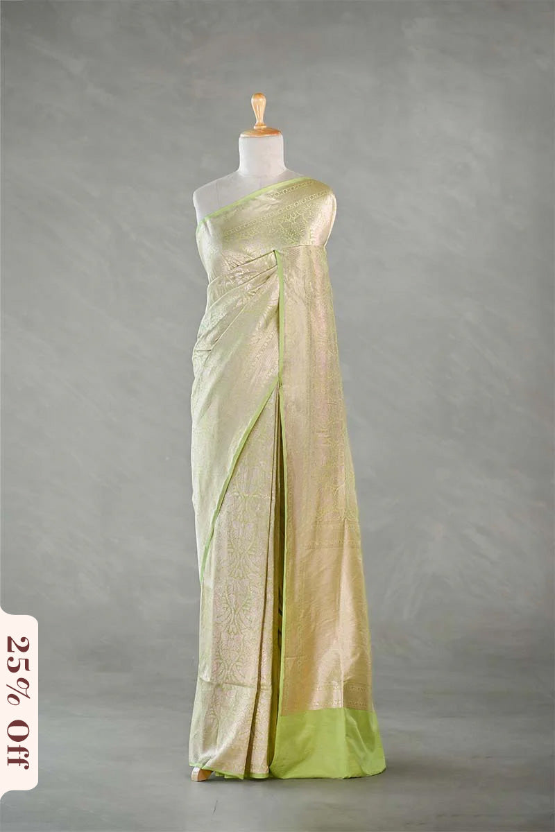 Light Green Brocade Banarasi Silk Saree with Silver Zari Border