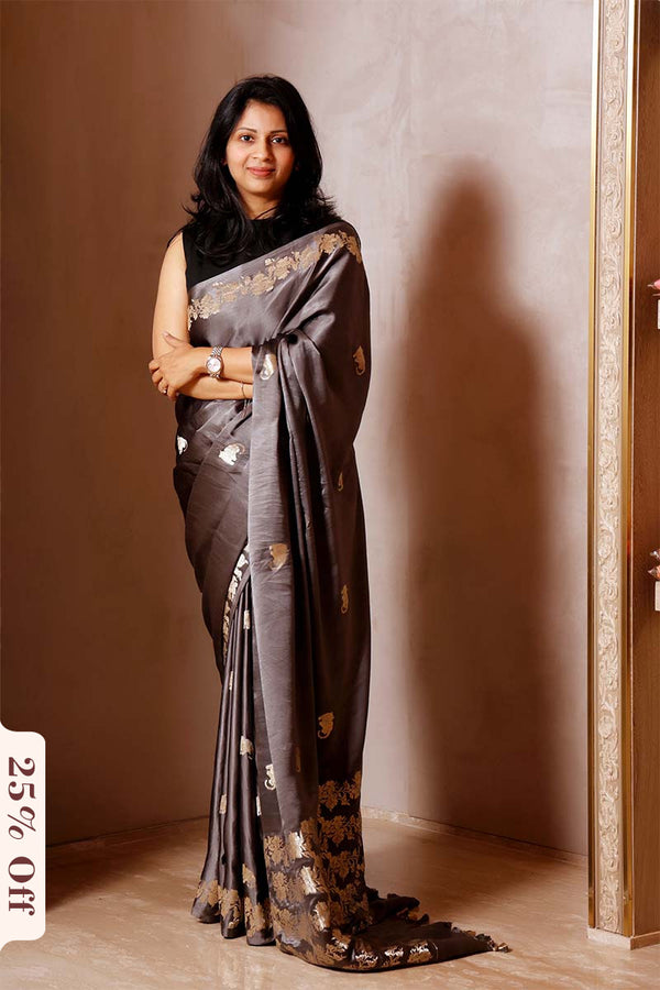 Grey Handloom Gajji Silk Banarasi Saree