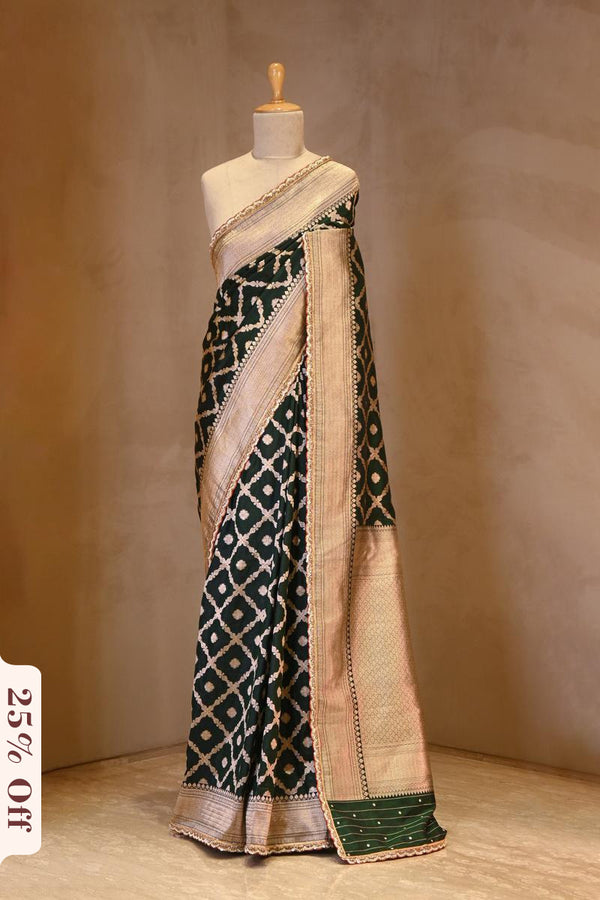 Bottle Green Banarasi Katan Silk Saree with Crisscross Jaal Pattern