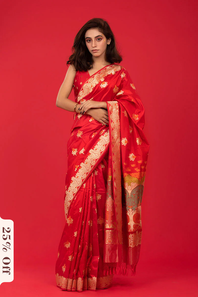 Kadhwa Handloom Woven Red Banarasi Silk Saree