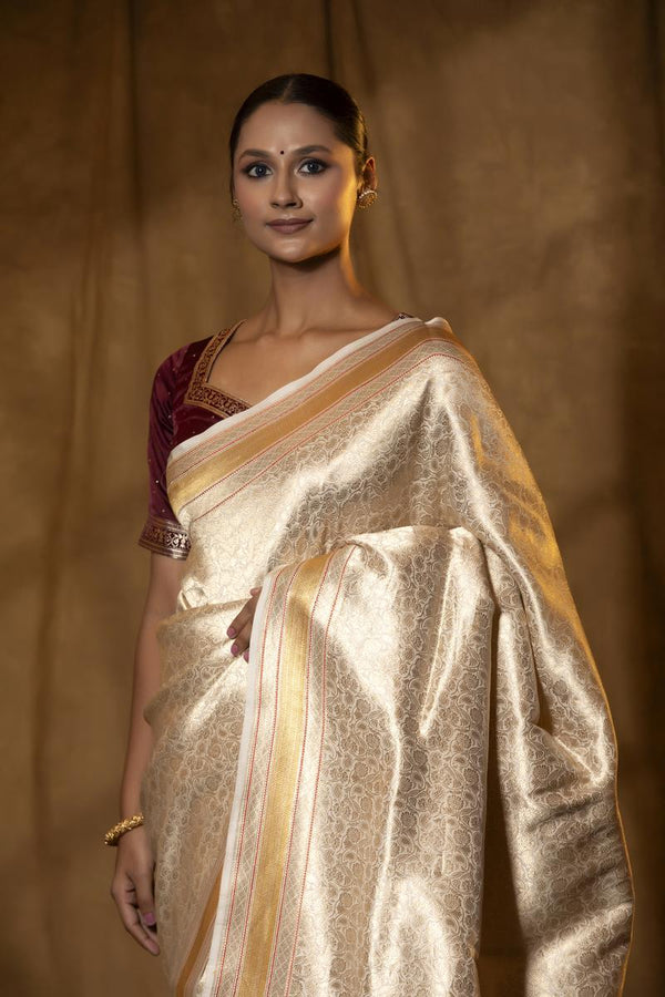 Handwoven White Banarasi Silk Saree for luxury weddings and festive celebrations