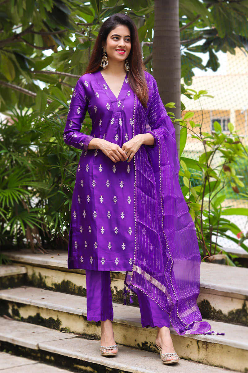 best Purple Handwoven Banarasi Silk Suit Set online at chinaya banaras
