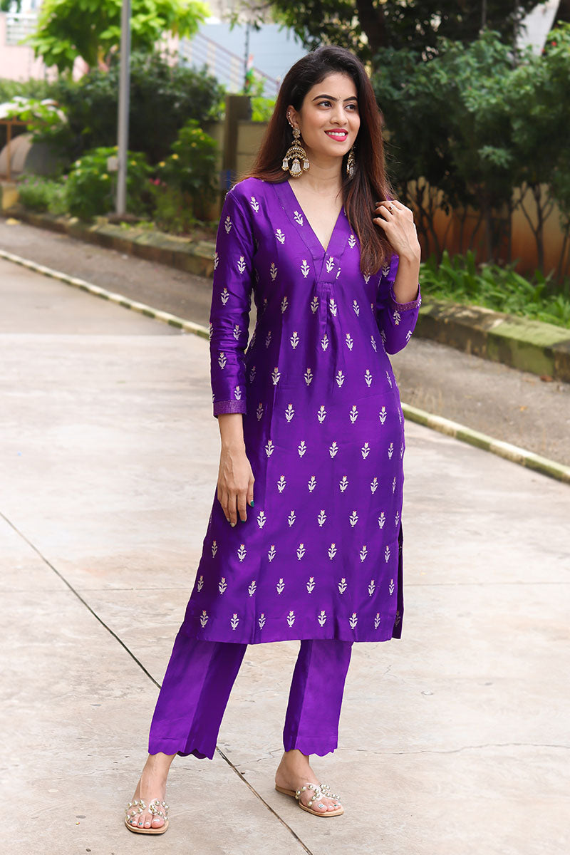 best Purple Handwoven Banarasi Silk Suit Set online at chinaya banaras