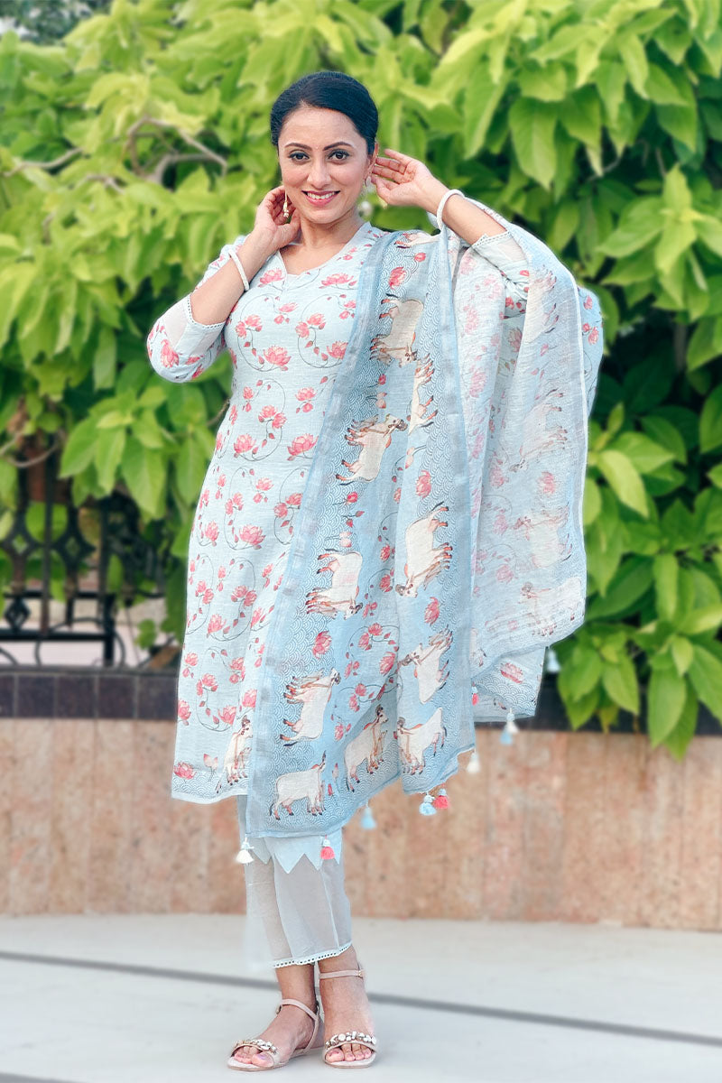 Baby Blue Pichwai Printed Linen Suit Set - Chinaya Banaras