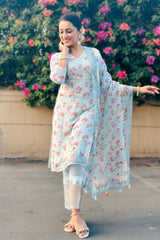 Model with Pichwai printed sky blue suit material by Chinaya Banaras
