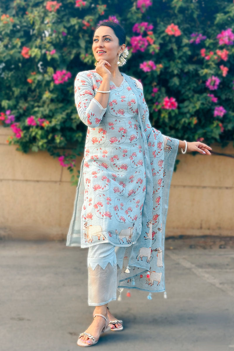 Baby Blue Pichwai Printed Linen Suit Set - Chinaya Banaras