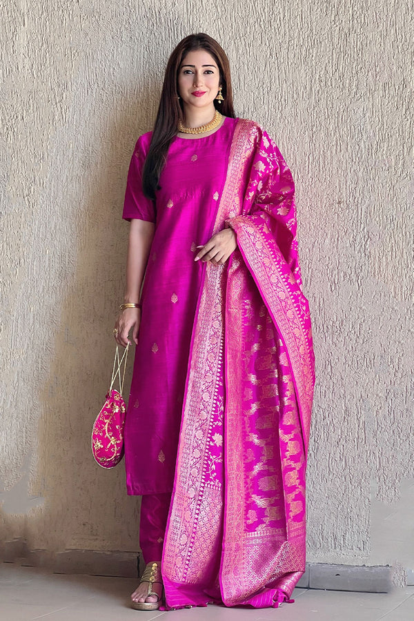Pink Kadhwa Weave Raw Silk Suit Set At Chinaya Banaras