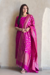 Model with Magenta Pink Kadhwa Raw Silk Dress Material at Chinaya Banaras