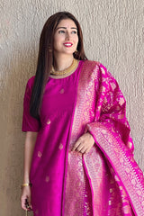 Model with Magenta Pink Kadhwa Raw Silk Dress Material at Chinaya Banaras