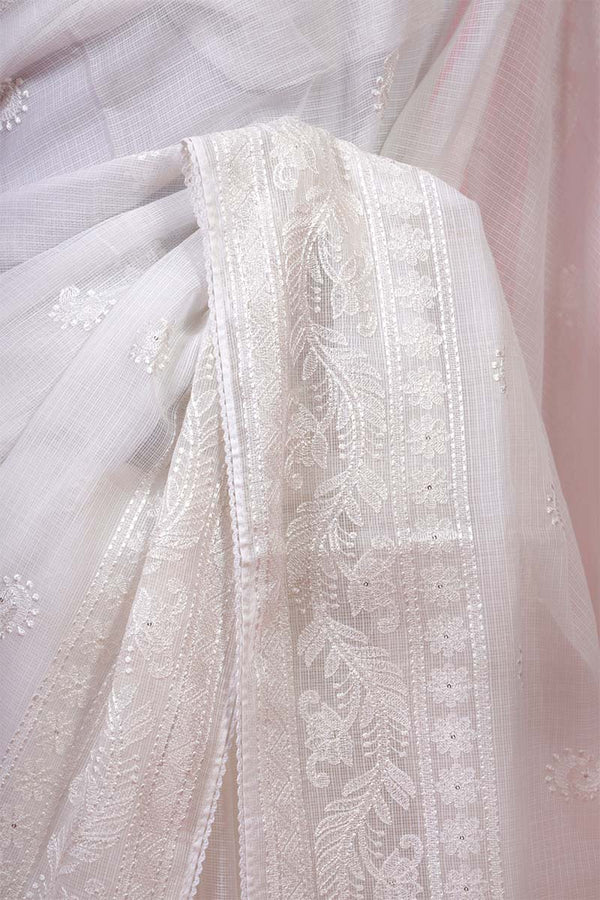 White Floral  Embroidered Kota Doria Saree