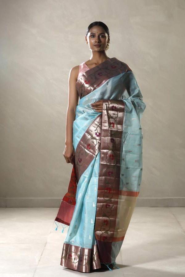 Light Blue Kota Doria Saree with Resham Paithani Border