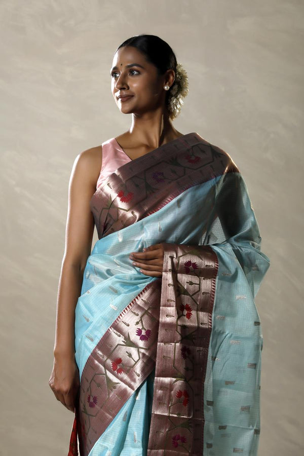 Light Blue Kota Doria Saree with Resham Paithani Border