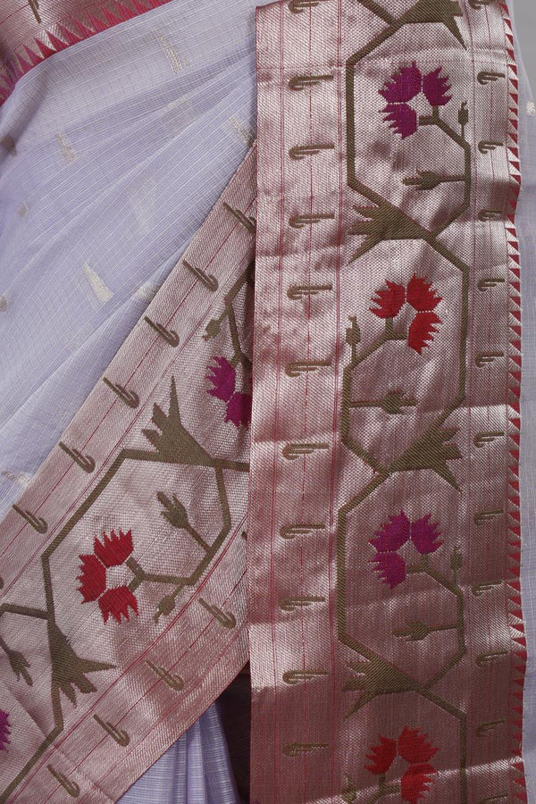 Lilac Kota Doria Saree with Resham Paithani Border