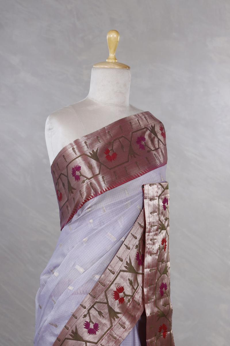 Lilac Kota Doria Saree with Resham Paithani Border