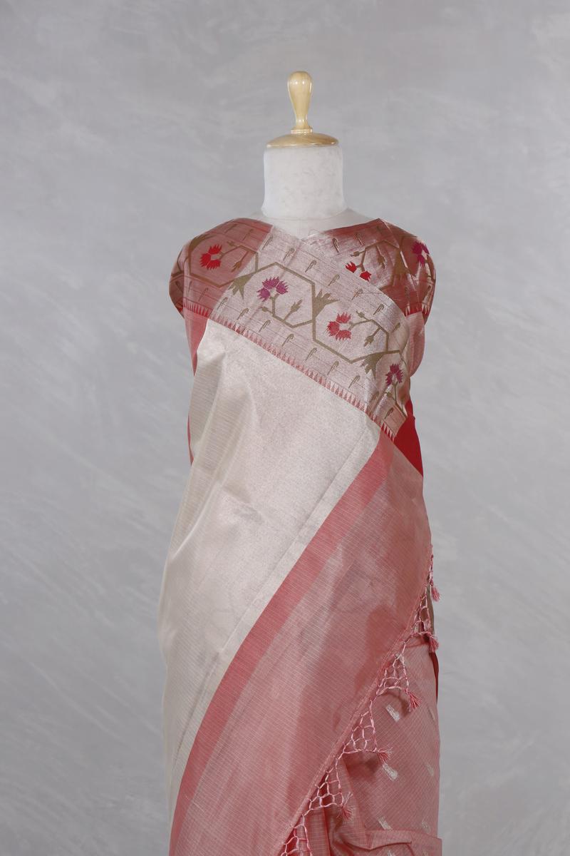 Peach Kota Doria Saree with Resham Paithani Border