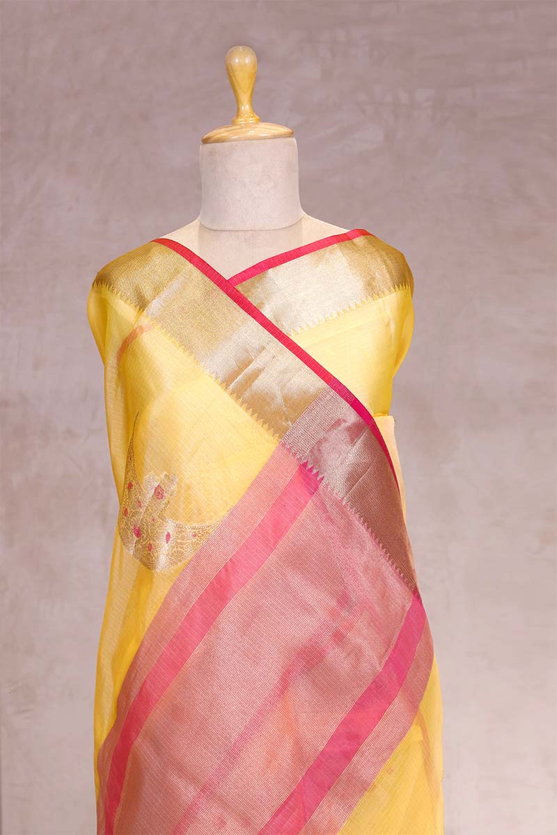 Yellow Kota Doria Saree with Meenakari Work