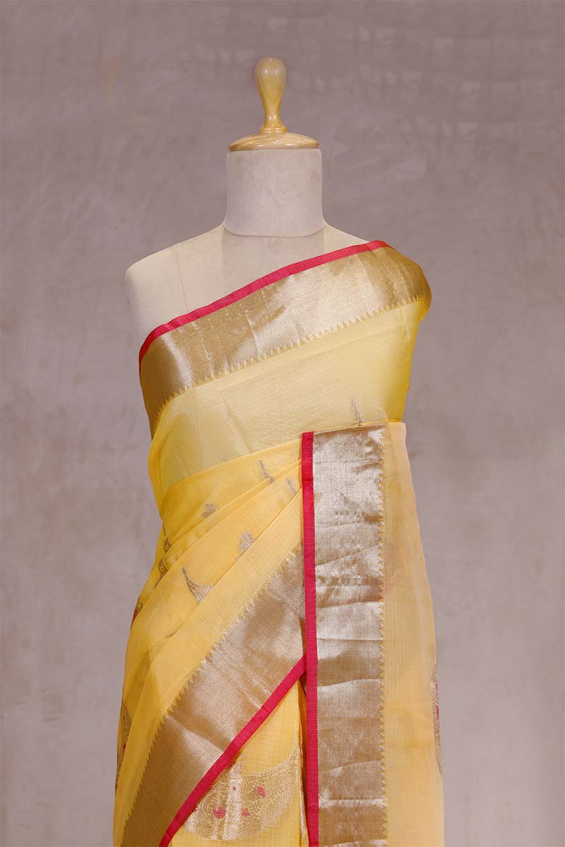 Yellow Kota Doria Saree with Meenakari Work