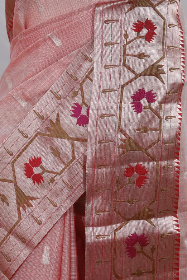 Peach Kota Doria Saree with Resham Paithani Border
