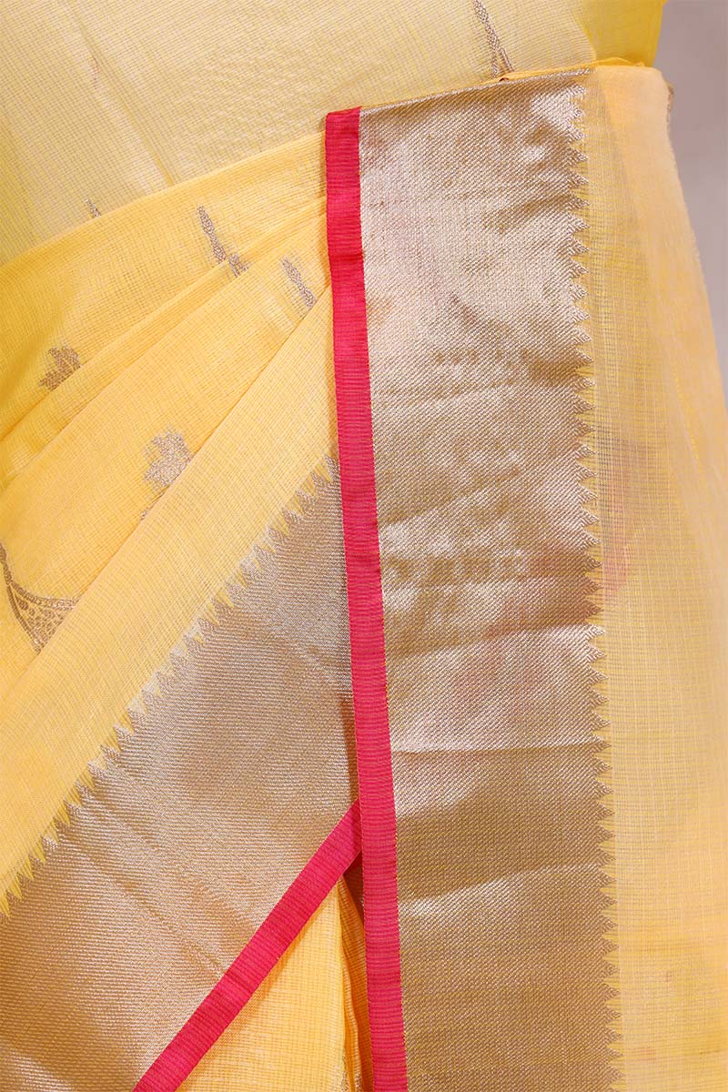 Yellow Kota Doria Saree with Meenakari Work
