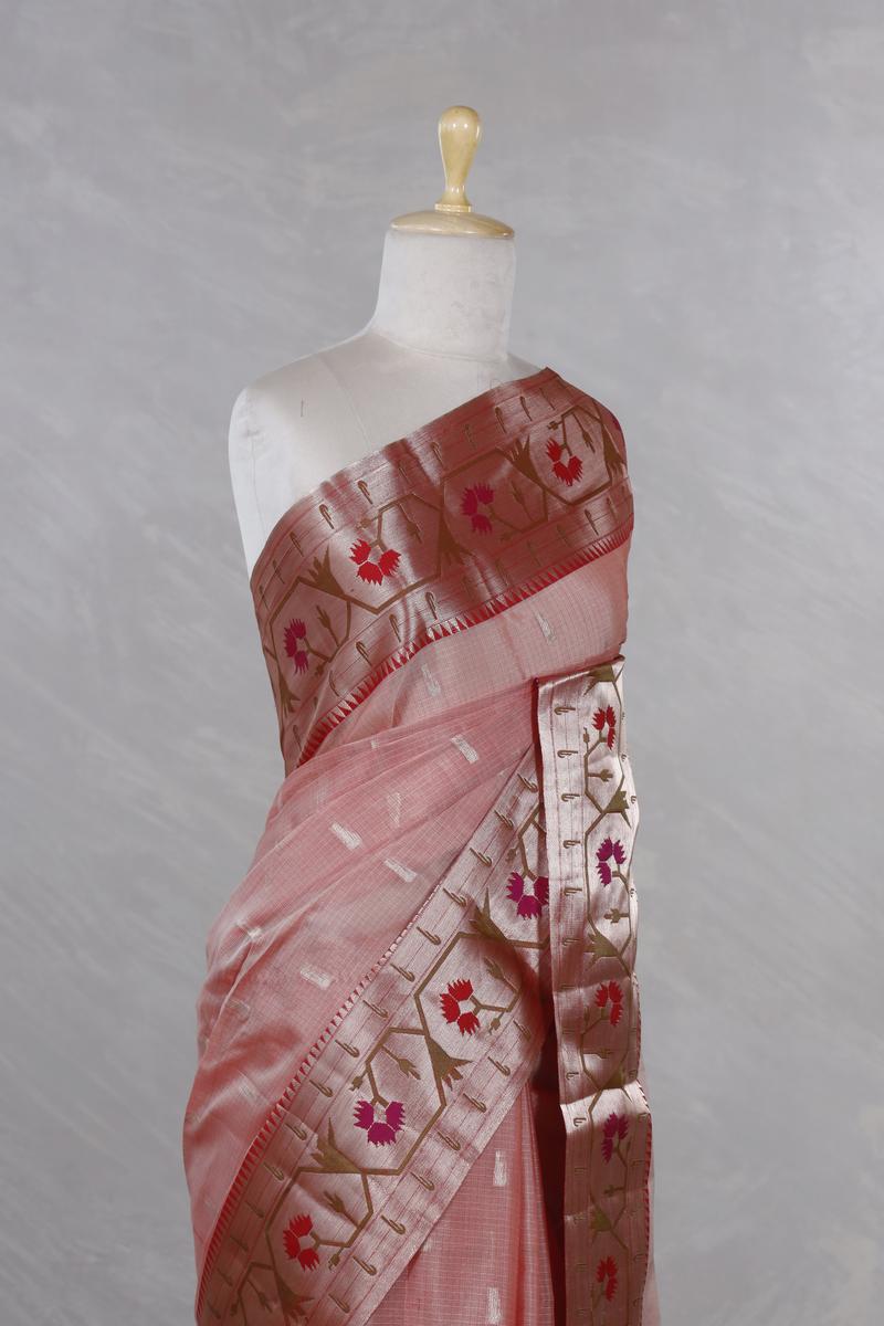 Peach Kota Doria Saree with Resham Paithani Border