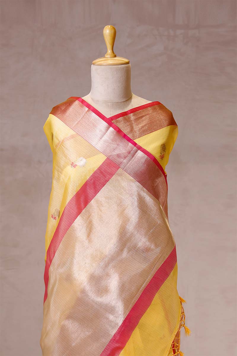 Lime Yellow Kota Doria Saree with Meenakari Work
