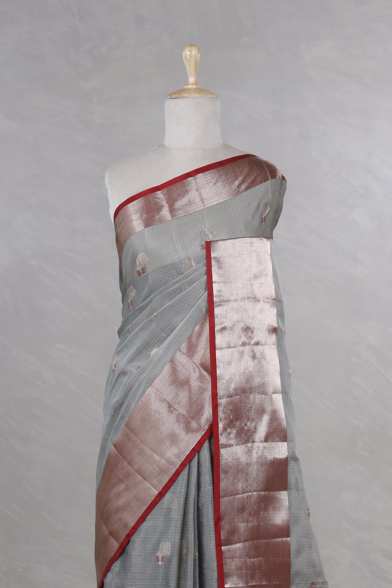 Grey Kota Doria Saree with Meenakari Work