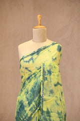 Light Green Kota Doria Saree with Shibori Prints & Mirror Work