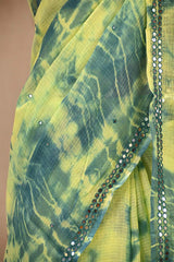 Light Green Kota Doria Saree with Shibori Prints & Mirror Work