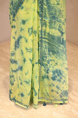 Light Green Kota Doria Saree with Shibori Prints & Mirror Work