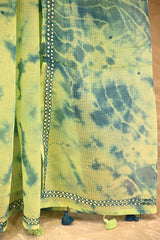 Light Green Kota Doria Saree with Shibori Prints & Mirror Work