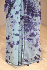 Light Blue Kota Doria Saree with Shibori Prints & Mirror Work