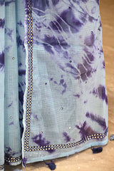 Light Blue Kota Doria Saree with Shibori Prints & Mirror Work
