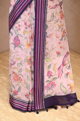 Pastel Pink Kota Doria Saree with Floral Bird Print and Purple Border