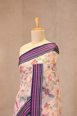 Pastel Pink Kota Doria Saree with Floral Bird Print and Purple Border