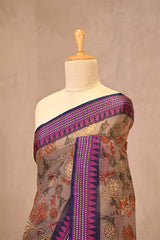 Brown Kota Doria Saree with Floral Prints & Vidarba Border
