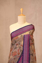 Brown Kota Doria Saree with Floral Prints & Vidarba Border